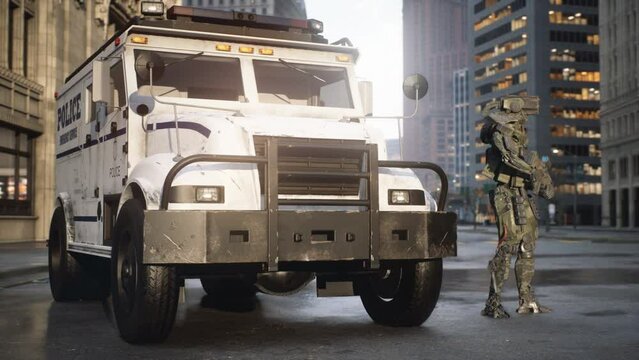 A special forces robot standing next to a police armoured car in a futuristic city. Concept of the city of the future. The animation is perfect for futuristic, fiction, cyber and sci-fi backgrounds.
