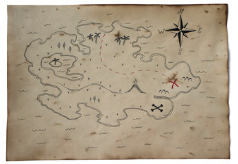 Old medieval pirate map with a treasure island. Pen drawing on vintage paper on insulated white background.
