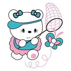 Teddy bear chasing butterflies with net