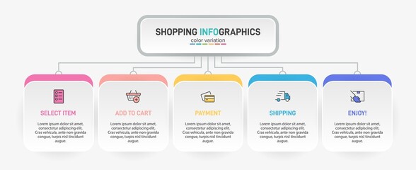 Concept of shopping process with 5 successive steps. Five colorful graphic elements. Timeline design for brochure, presentation, web site. Infographic design layout.