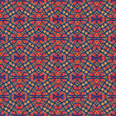 Indian boho summer bandana seamless symmetrical pattern. Versatile masculine red blue scarf print in kaleidoscopic floral ornamental style.