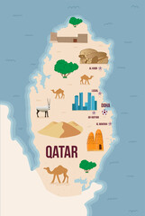 Illustrated map of Qatar with footballs and city names and landmarks.