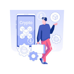 Cryptocurrency investor isolated concept vector illustration. Businessman invests in cryptocurrency, financial literacy, raising money, coins growth, blockchain technology vector concept.