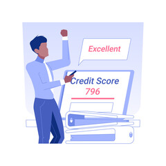 Business credit score isolated concept vector illustration. Businessman with laptop checks credit score, financial services online, commercial bank, corporate banking vector concept.