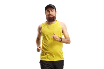 Bearded man jogging towards the camera