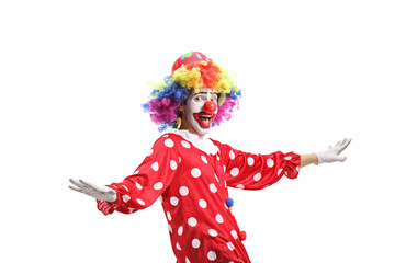 Funny cheerful clown gesturing with hands