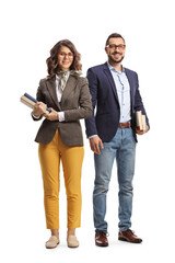 Full length portrait of a young man and woman standing and holding books