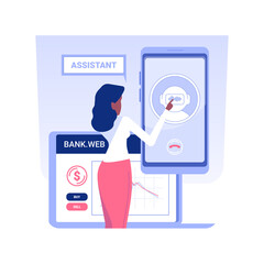Chatbot assistant isolated concept vector illustration. Woman with smartphone using bank chatbot assistant, modern technology, corporate banking, virtual voice robot help vector concept.