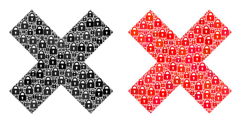 Guard mosaic x-cross delete icon. X-cross delete mosaic icon of lock items. Vector combination for safety purposes.