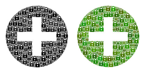 Security collage plus icon. Plus mosaic icon of lock icons. Vector collage for security purposes.