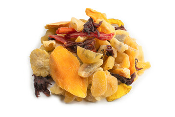 Mix of dried exotic fruit, mangos,slices of pineapples, passion fruit, papaya.