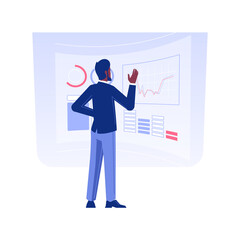 Interactive digital wall isolated concept vector illustration. Brick and mortar bank worker using modern digital wall, innovation technology in office, multimedia data vector concept.