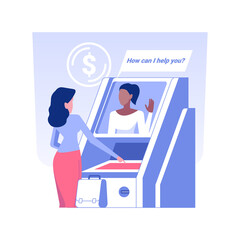 Interactive teller machine isolated concept vector illustration. Businessman using terminal with remote teller 24 for 7, ATM in brick and mortar bank, video banking technology vector concept. - obrazy, fototapety, plakaty