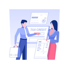 Tax credit isolated concept vector illustration. Business partners filling tax credit online form, government support, budget planning, banking data, accountant managers vector concept.