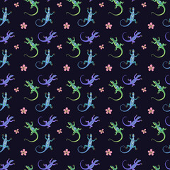 Seamless vector pattern of lizards and flowers. Background for greeting card, website, printing on fabric, gift wrap, postcard and wallpapers. 