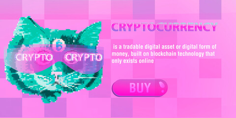 Cryptocurrency banner. Sale and purchase of cryptocurrency. Cyberpunk cat.