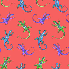 Seamless vector pattern of lizards. Background for greeting card, website, printing on fabric, gift wrap, postcard and wallpapers.	