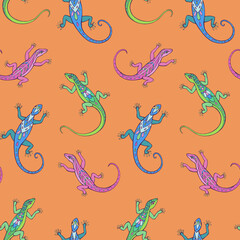 Seamless vector pattern of lizards. Background for greeting card, website, printing on fabric, gift wrap, postcard and wallpapers.	