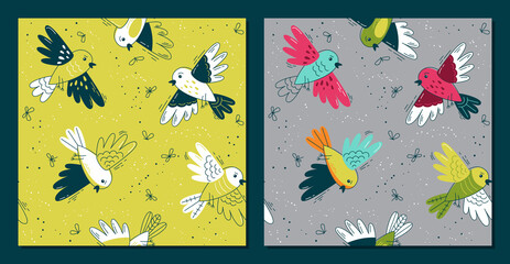 Set baby pattern flat.Set baby pattern with birds. Seamless background for fabric, textile, wallpaper, posters, gift wrapping paper, napkins, tablecloths. Print for kids, children. Children's pattern