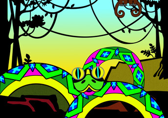 Cartoon with little boy and black leopard. Great as artistic print, fairy tale or childrens book illustration. Red dogs. A flock of monkeys in the jungle.