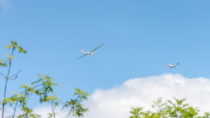 Glider pulled by a small plane, seen above the trees, in a blue sky with fluffy clouds