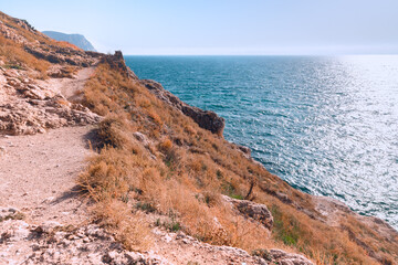 Balaklava Bay in Crimea in a sunny windy autumn day