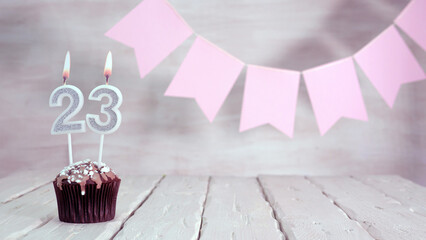 Birthday number 23. Festive background for a girl or woman with a muffin and candles burning pink...