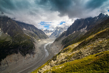 Beautiful glacier valley Mer du Glace in the French Alps in summer