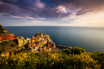 Beautiful sunset light over picturesque village in Italy, Cinque Terre