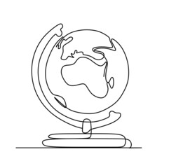 	
Earth globe above books stack. Single continuous line world global map graphic icon. Simple one line doodle for education concept. Isolated vector illustration minimalist design on white background