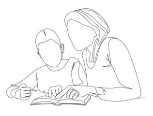 continuous single drawn one line mom makes with daughter lessons drawn from the hand picture silhouette. Line art. character daughter and mom are engaged