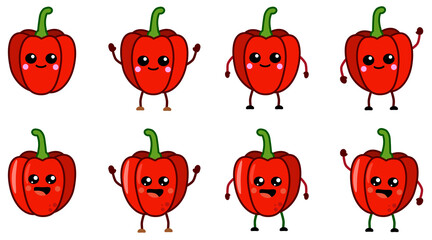 Cute kawaii style red bell pepper icon, large eyes, smiling. Version with hands raised, down and waving