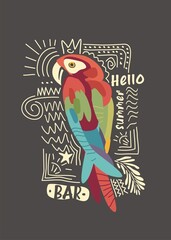 Parrot drawing creative t-shirt graphic with colorful bird. Tropical macaw bird boho style apparel print. Vector illustration. - obrazy, fototapety, plakaty
