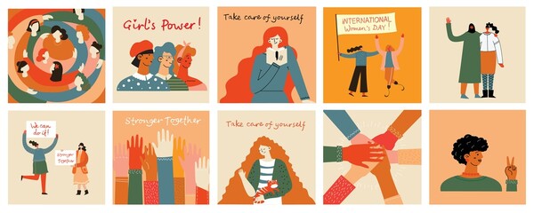 Women friendship group. Diverse female team standing together, holding hands, girls power, multinational sisterhood community vector illustration. Friendship group females, people diversity