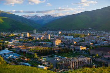 Panoramic view of the outskirts of Vanadzor at sunset, Armenia
