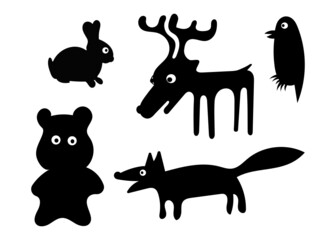 Set of strange black forest animals. Silhouettes of animals with eyes - hare, deer, bear, fox and bird.