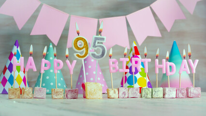 Happy birthday number 95 in pink pastel colors for a girl or woman. Happy birthday greeting card.