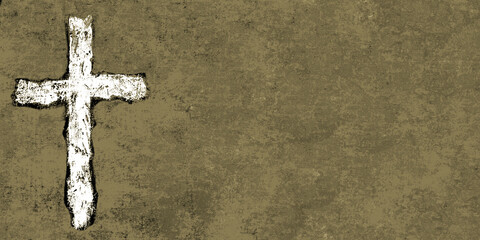 rough white cross on khaki grunge canvas with a flattened color / texture effect