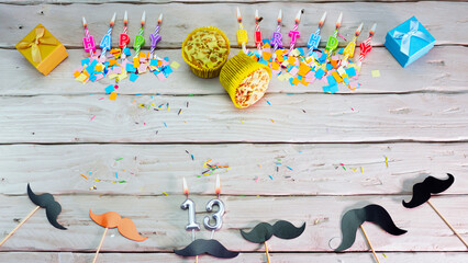 Birthday number 13. Top view happy birthday candles, save space. Mustache barber shop...