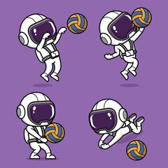 cute cartoon astronaut playing volleyball set collection
