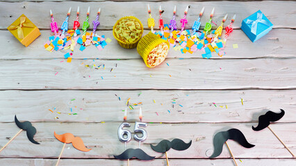 Birthday number 65. Top view happy birthday candles, save space. Mustache barber shop...