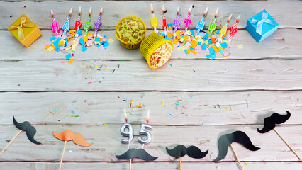  Birthday number 95. Top view happy birthday candles, save space. Mustache barber shop...