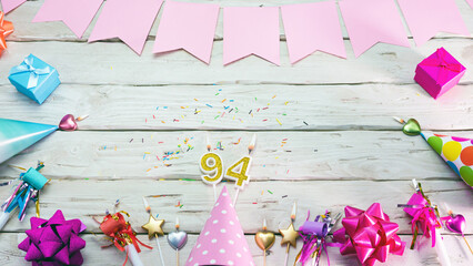 Happy birthday number 94. Copyspace. Beautiful card in pastel pink colors for a woman or a girl....