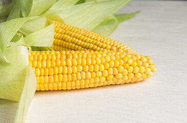 Fresh corn on the cob on a wooden white table, close-up