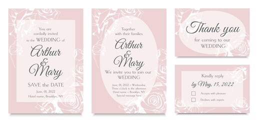 Fototapeta na wymiar Floral design for wedding invitation with roses on pink. Vector invitation set: card for invitation, thank you, rsvp.