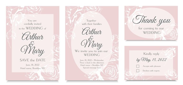 Floral design for wedding invitation with roses on pink. Vector invitation set: card for invitation, thank you, rsvp.