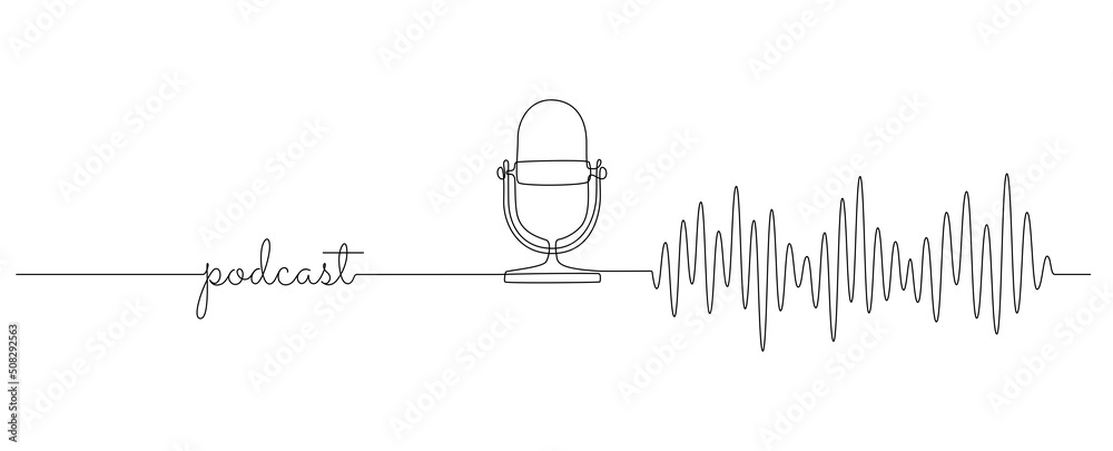 Fototapete continuous one line drawing of podcast microphone and sound wave. vintage old mike in simple linear 