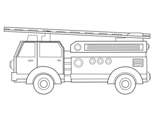 Fire engine side view outline isolated on white background. Coloring page. Vector illustration.