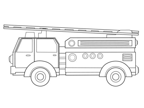 Fire engine side view outline isolated on white background. Coloring page. Vector illustration.