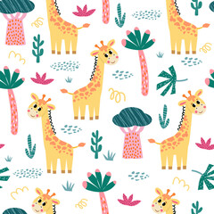 seamless pattern with African giraffe and plants in a childish cartoon style. vector illustration. for children's textiles and decoration